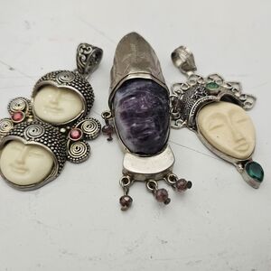 Silver and Cream Pendant Set with Purple and Green Accents